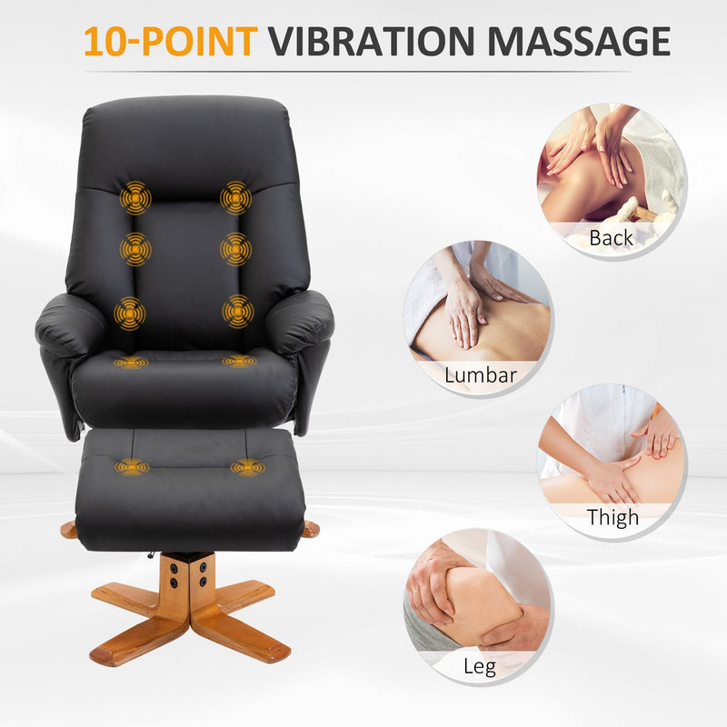 10-Point Massage Black Sofa Armchair Chair PU Leather W/ Footrest Stool Recliner