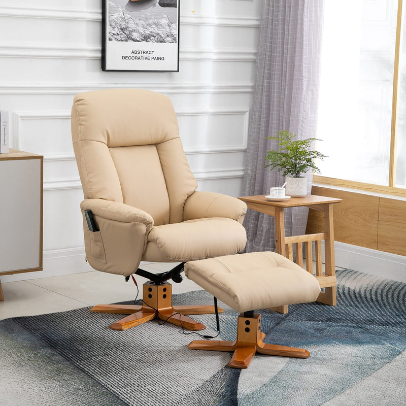 10-Point Massage Sofa Armchair Chair PU Leather W/ Footrest Stool Recliner Beige Ottoman