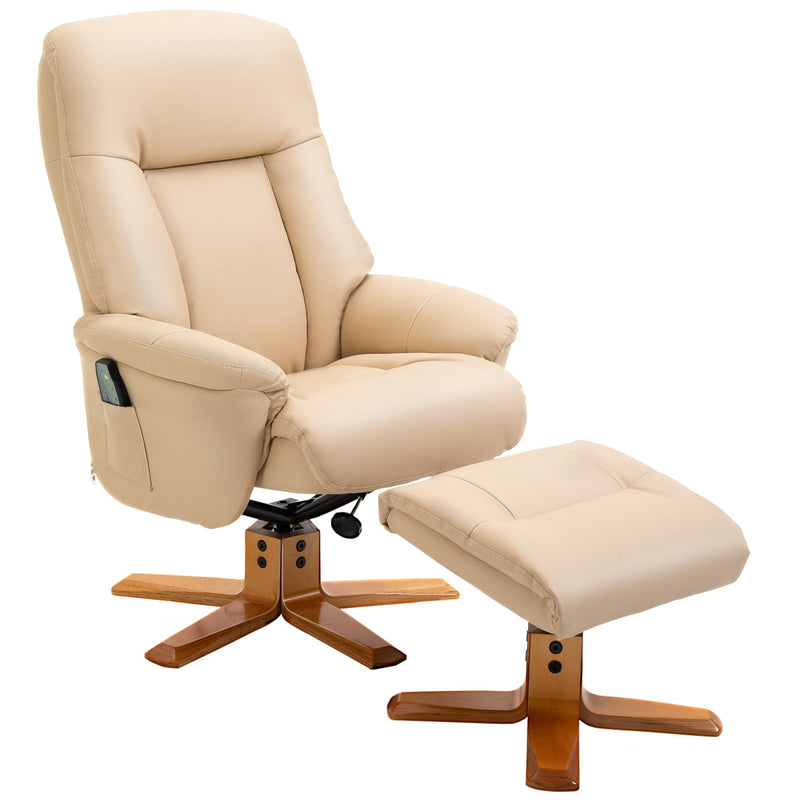 10-Point Massage Sofa Armchair Chair PU Leather W/ Footrest Stool Recliner Beige Ottoman