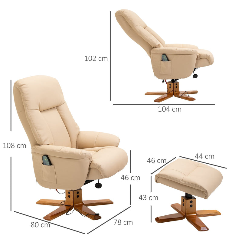 10-Point Massage Sofa Armchair Chair PU Leather W/ Footrest Stool Recliner Beige Ottoman