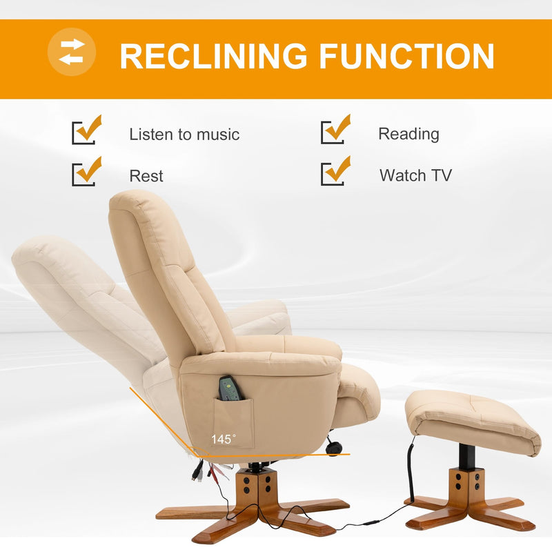 10-Point Massage Sofa Armchair Chair PU Leather W/ Footrest Stool Recliner Beige Ottoman