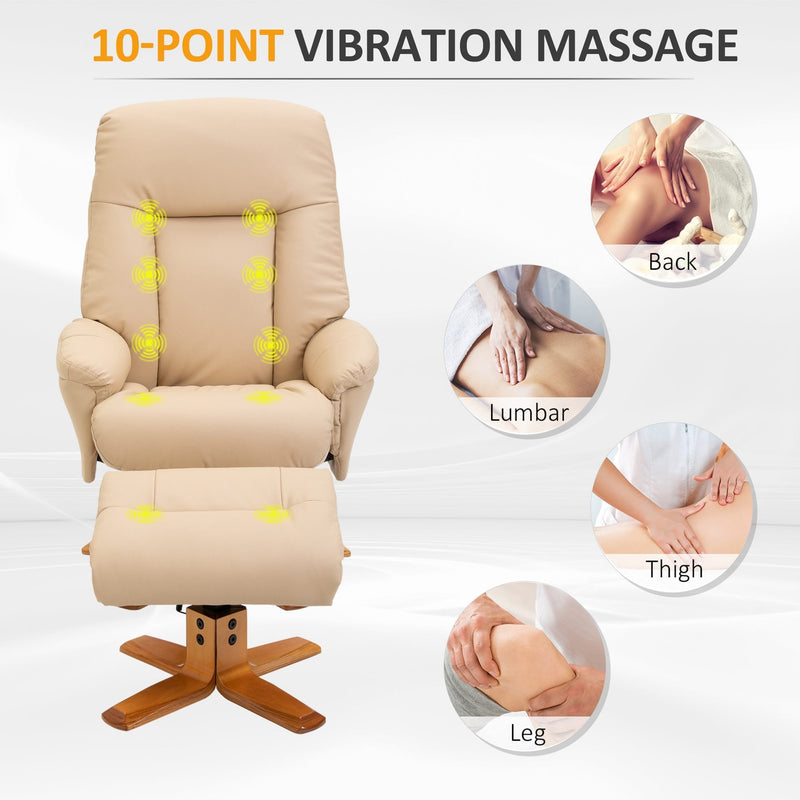 10-Point Massage Sofa Armchair Chair PU Leather W/ Footrest Stool Recliner Beige Ottoman