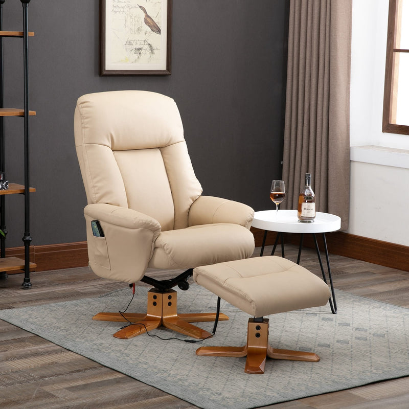 10-Point Massage Sofa Armchair Chair PU Leather W/ Footrest Stool Recliner Beige Ottoman