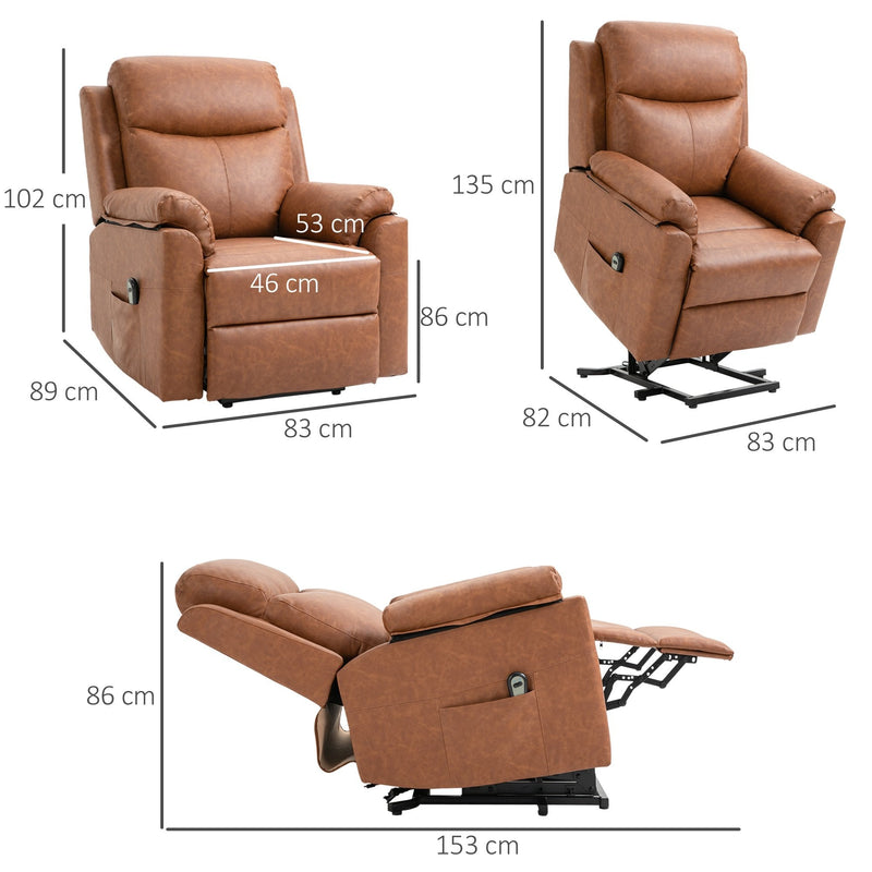 Power Lift Chair Electric Riser Recliner for Elderly, Faux Leather Sofa Lounge Armchair with Remote Control and Side Pocket - Brown
