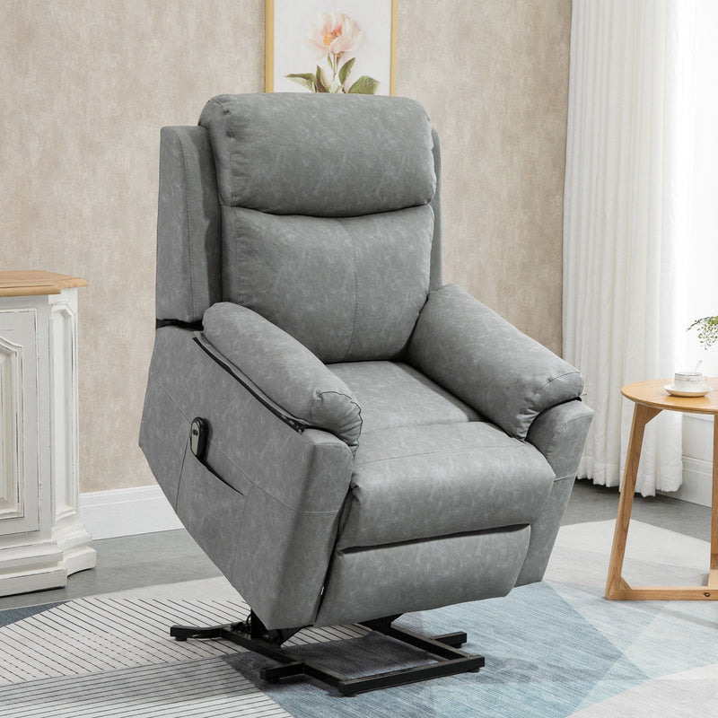 HOMCOM Power Lift Chair Electric Riser Recliner for Elderly, Faux Leather Sofa Lounge Armchair with Remote Control and Side Pocket, Grey