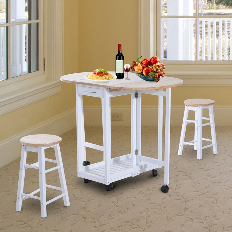 2 Chair Dining Set White 3PC Wooden Kitchen Cart Mobile Rolling Trolley Folding Bar Table Two Stools Chair Storage Shelf With 2 Drawers & 6 Wheels