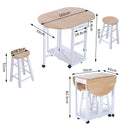 2 Chair Dining Set White 3PC Wooden Kitchen Cart Mobile Rolling Trolley Folding Bar Table Two Stools Chair Storage Shelf With 2 Drawers & 6 Wheels