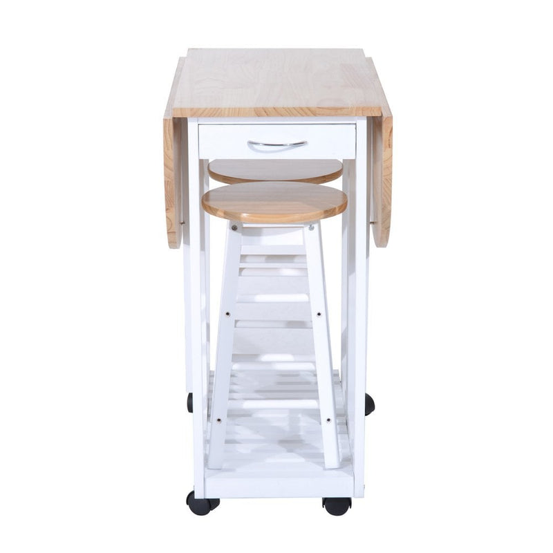 2 Chair Dining Set White 3PC Wooden Kitchen Cart Mobile Rolling Trolley Folding Bar Table Two Stools Chair Storage Shelf With 2 Drawers & 6 Wheels