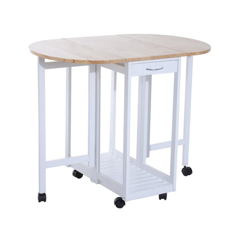 2 Chair Dining Set White 3PC Wooden Kitchen Cart Mobile Rolling Trolley Folding Bar Table Two Stools Chair Storage Shelf With 2 Drawers & 6 Wheels