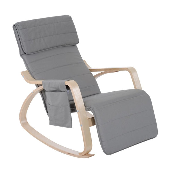 Wooden Rocking Chair Lounge Recliner Relaxing Seat W/Adjustable Footrest & Side Pocket-Grey