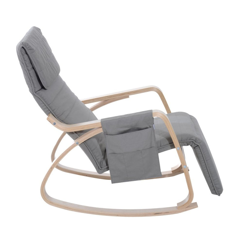 Wooden Rocking Chair Lounge Recliner Relaxing Seat W/Adjustable Footrest & Side Pocket-Grey