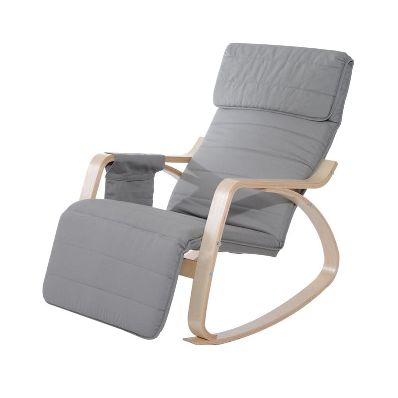 Wooden Rocking Chair Lounge Recliner Relaxing Seat W/Adjustable Footrest & Side Pocket-Grey