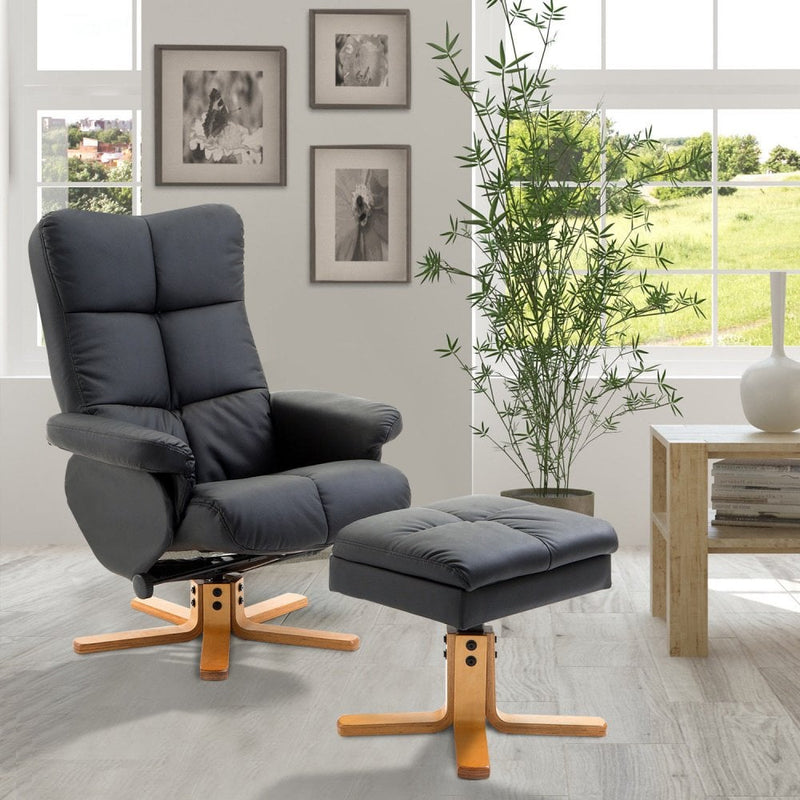 Black Leather Recliner with Wooden Base Swivel Chair and Ottoman Footrest with Storage