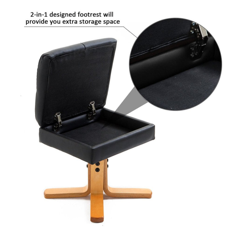 Black Leather Recliner with Wooden Base Swivel Chair and Ottoman Footrest with Storage