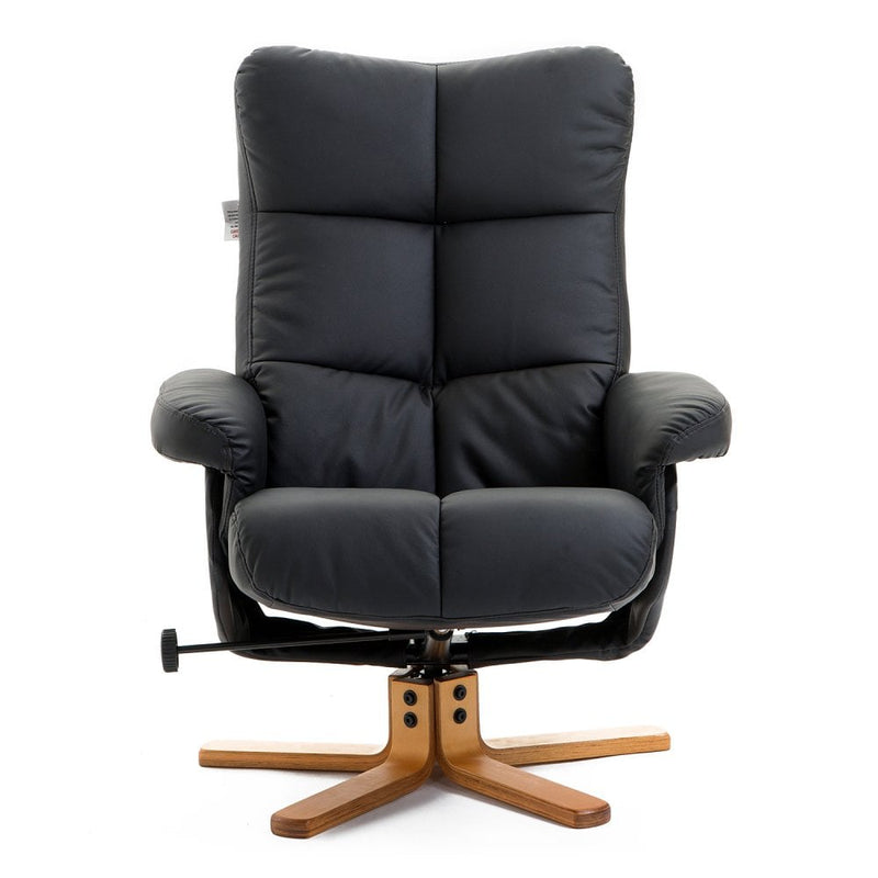 Black Leather Recliner with Wooden Base Swivel Chair and Ottoman Footrest with Storage