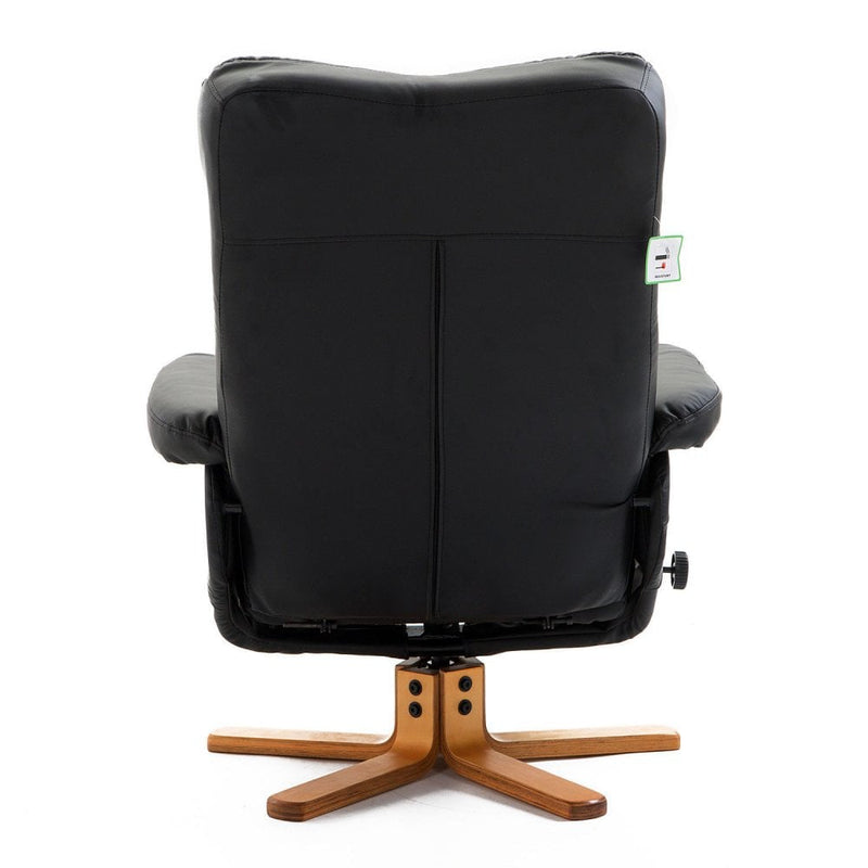 Black Leather Recliner with Wooden Base Swivel Chair and Ottoman Footrest with Storage