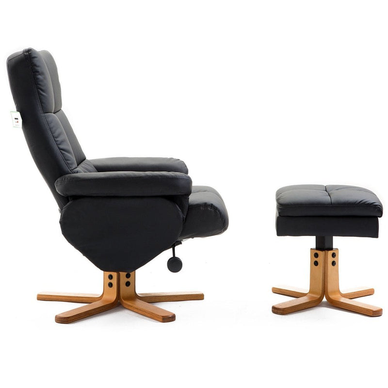 Black Leather Recliner with Wooden Base Swivel Chair and Ottoman Footrest with Storage