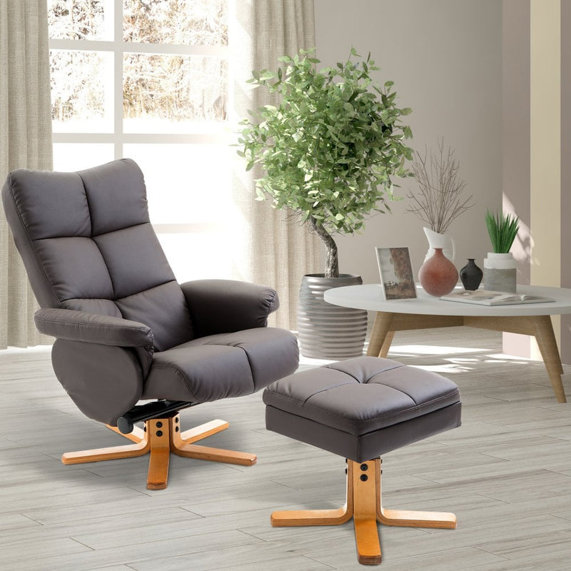 Wooden Recliner PU Leather Chair Adjustable Base Swivel and Ottoman Footrest W/Stool-Brown