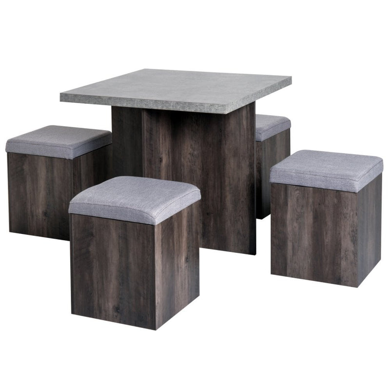 5Pcs Garden Wooden Dining Table Set W/Particle Removable Lid Board and 1 Space Saving Design Pieces Chair Seat-Grey