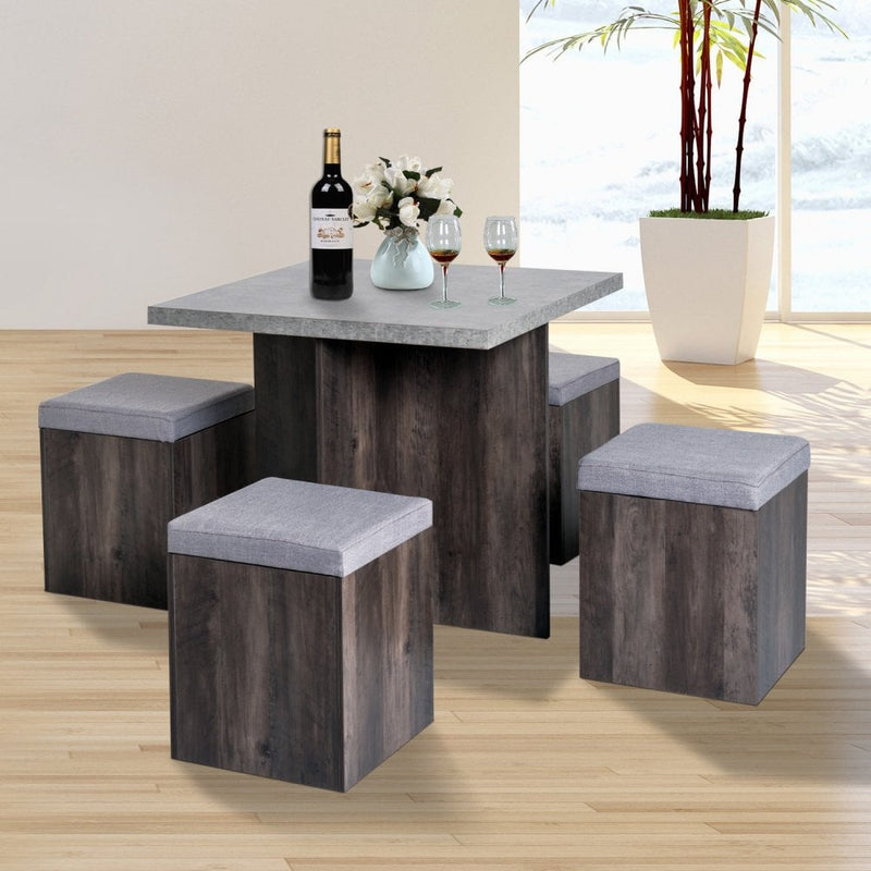 5Pcs Garden Wooden Dining Table Set W/Particle Removable Lid Board and 1 Space Saving Design Pieces Chair Seat-Grey