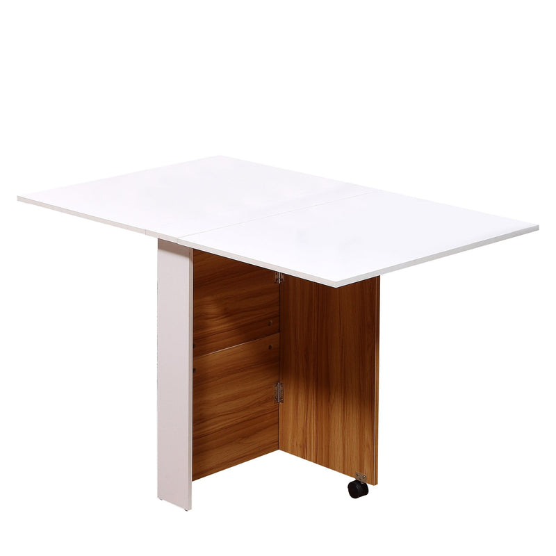 Folding Drop Leaf Table Dining Mobile Writing Desk W/ Casters-Teak/White Colour