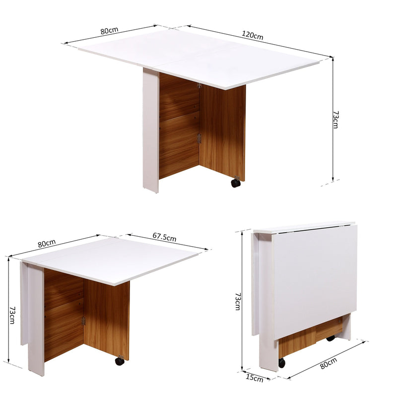 Folding Drop Leaf Table Dining Mobile Writing Desk W/ Casters-Teak/White Colour