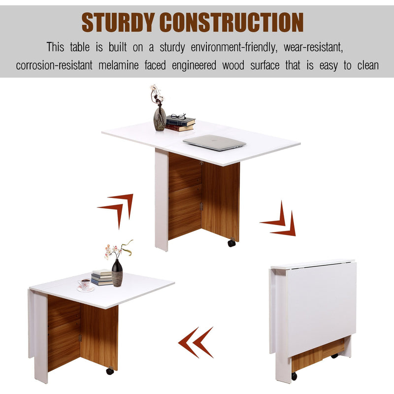 Folding Drop Leaf Table Dining Mobile Writing Desk W/ Casters-Teak/White Colour