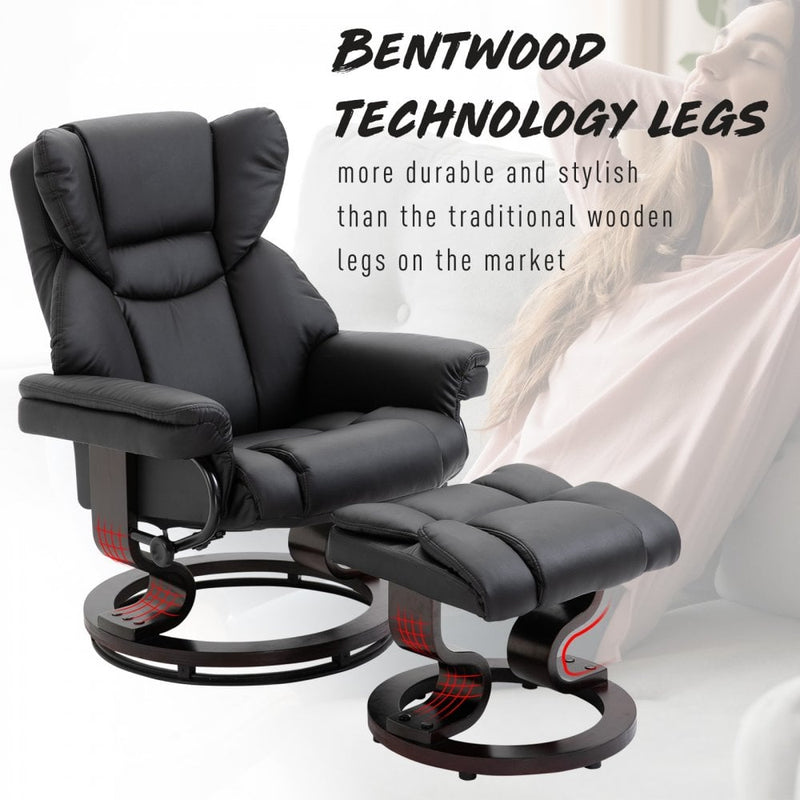 PU Leather Padded Manual Reclining Armchair with Footstool - Black