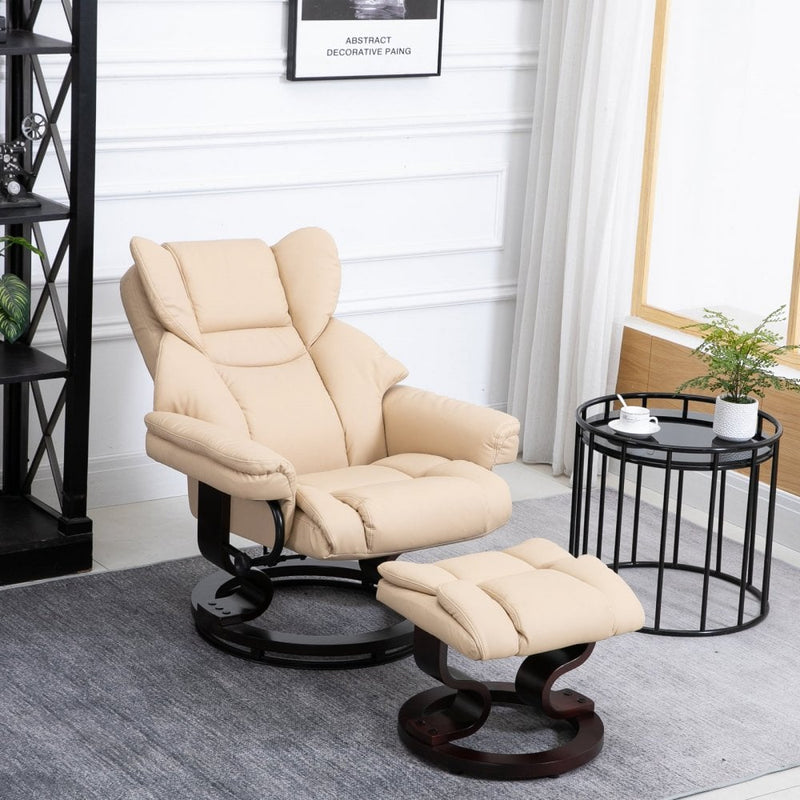 PU Leather Padded Manual Reclining Armchair with Footstool - Beige