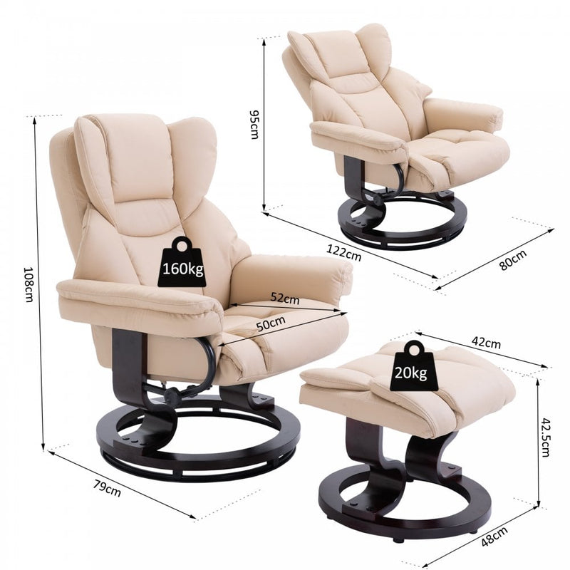 PU Leather Padded Manual Reclining Armchair with Footstool - Beige