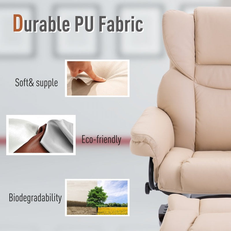 PU Leather Padded Manual Reclining Armchair with Footstool - Beige