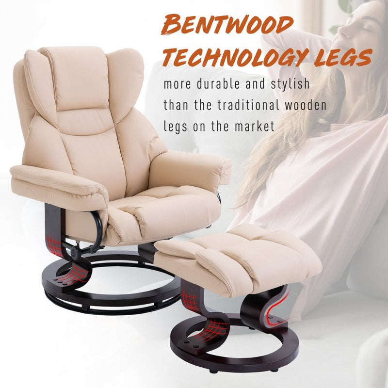 PU Leather Padded Manual Reclining Armchair with Footstool - Beige