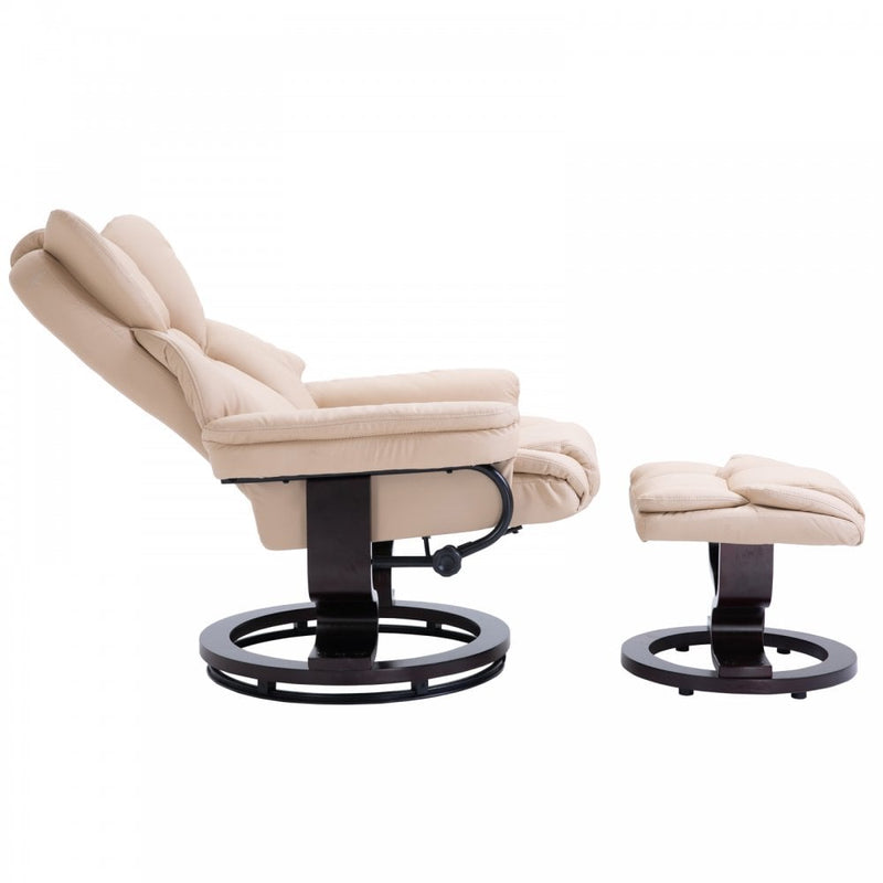 PU Leather Padded Manual Reclining Armchair with Footstool - Beige