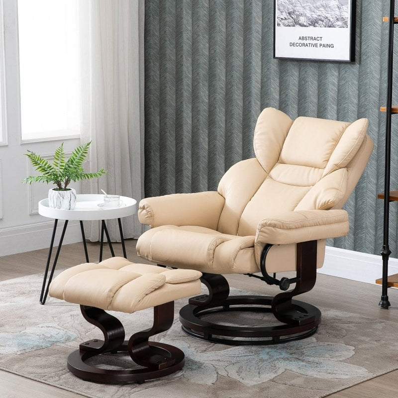 PU Leather Padded Manual Reclining Armchair with Footstool - Beige