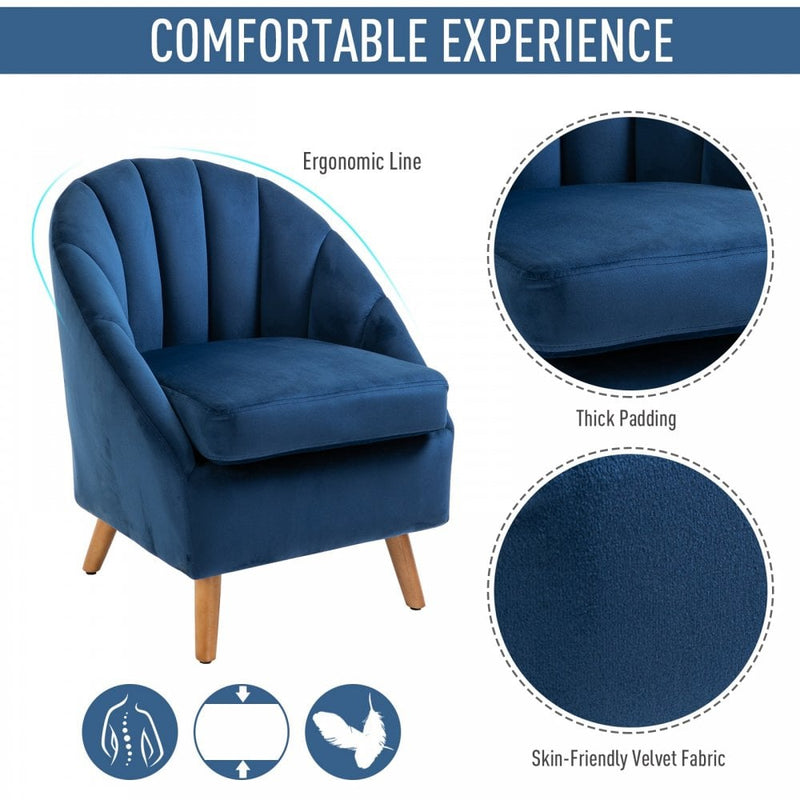 Decadent Single Lounge Chair in Velvet-Look Upholstery w/ Wooden Legs Navy