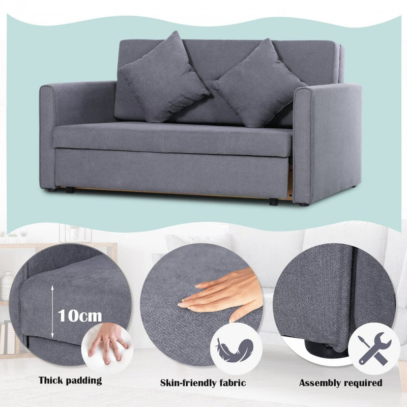 Cotton Upholstered Solid Wood 3-in-1 2-Seater Sofa Bed - Grey