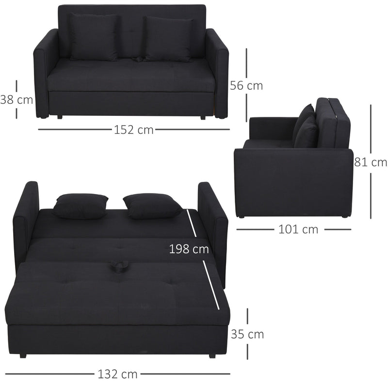 Polycotton 2-Seater Sofa Bed w/ Pillows Dark Grey