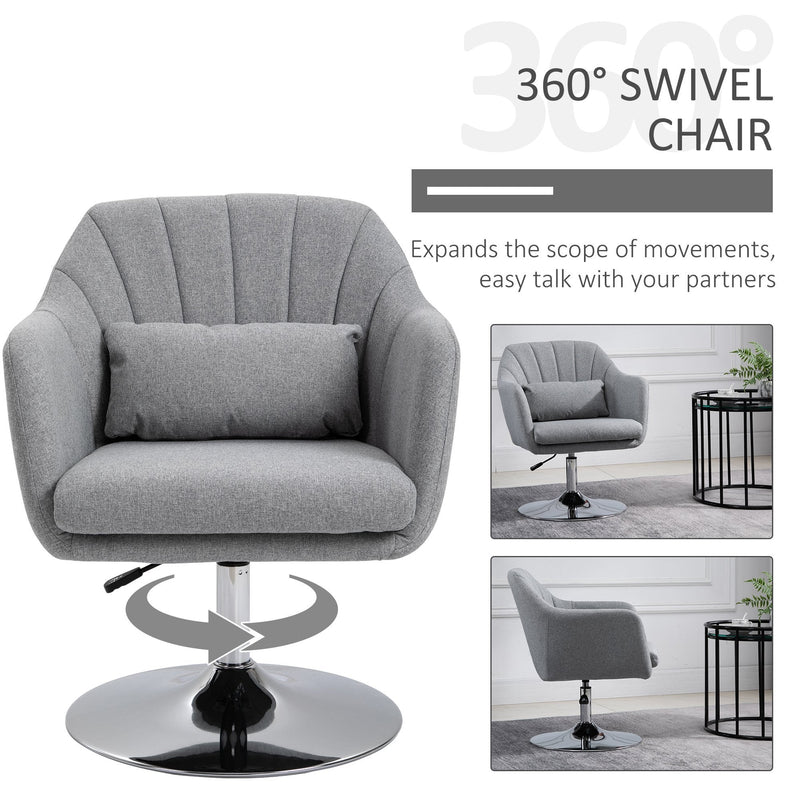 Swivel Accent Chair for Living Room Contemporary Vanity Armchair with Adjustable Height Thick Cushion Lumbar Support Armrest for Bedroom Office Light Grey Stylish Retro Linen Tub w/ Steel Frame Wide Seat