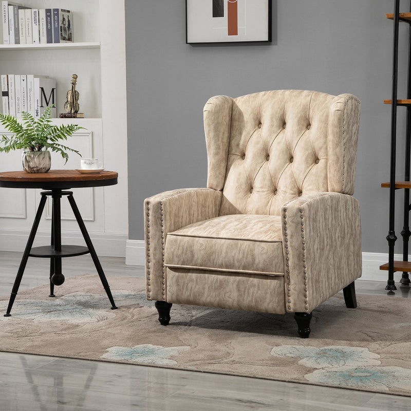 Studded PU Leather Reclining Armchair w/ Retractable Footrest Beige