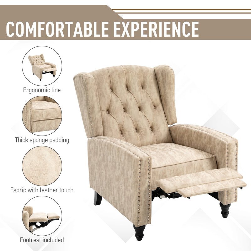 Studded PU Leather Reclining Armchair w/ Retractable Footrest Beige