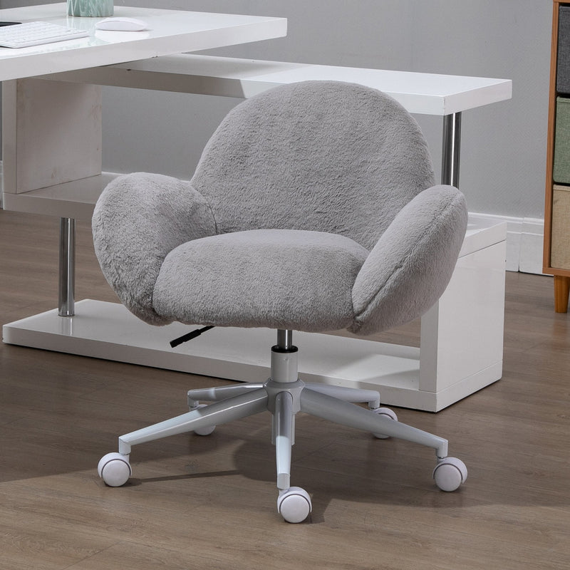 Fluffy Leisure Chair Office Chair with High Back and Armrest for Home Bedroom Living Room with Wheels - Grey