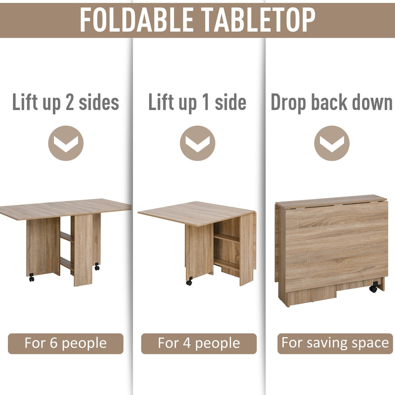 Dining Table Drop Leaf Folding Expandable 6 Person w/ Wheels, Brake, Storage Shelf