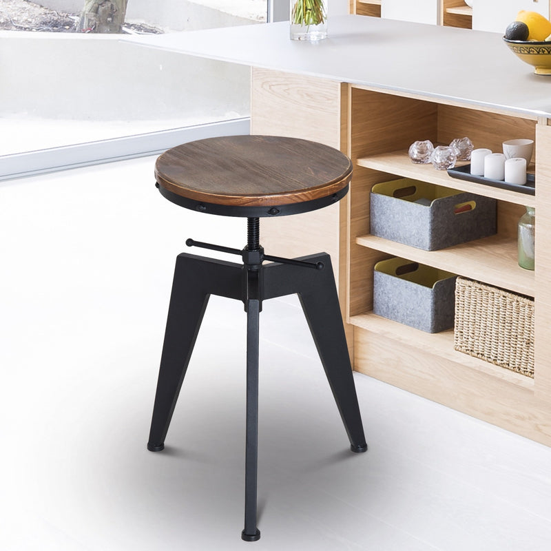 Swivel Bar Stool W/Wooden Top-Brown/Black