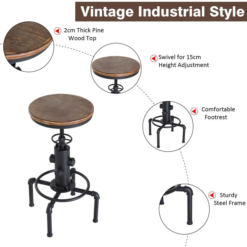 Swivel Bar Stool Vintage Industrial Height Adjustable Kitchen Dining Chair Round Natural Pinewood Seat W/Footrest