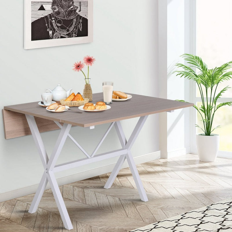 Dining Table Drop Leaf Metal Frame MDF Top Folding Expandable 6 Person Oak