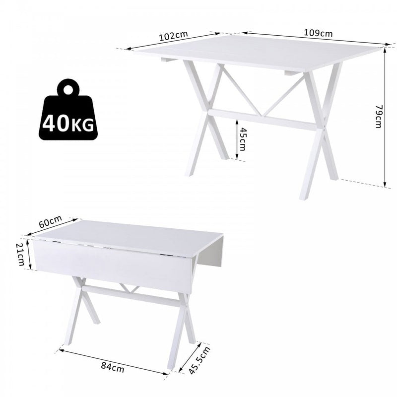 Dining Table Drop Leaf Metal Frame MDF Top Folding Expandable 6 Person White Design Foldable