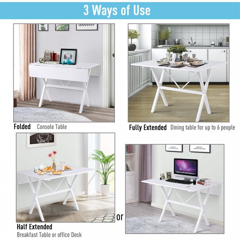 Dining Table Drop Leaf Metal Frame MDF Top Folding Expandable 6 Person White Design Foldable
