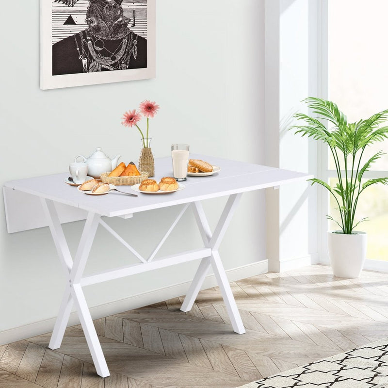 Dining Table Drop Leaf Metal Frame MDF Top Folding Expandable 6 Person White Design Foldable