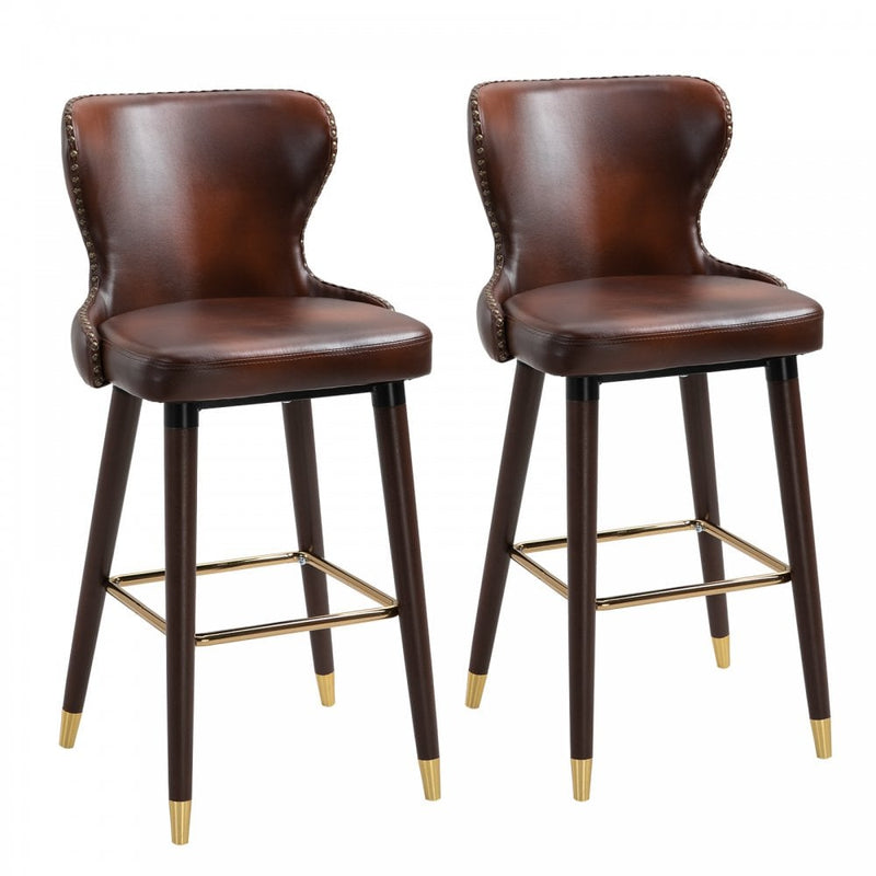 PU Leather Upholstered Set-of-2 Bar Chairs - Brown