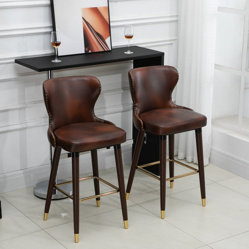 PU Leather Upholstered Set-of-2 Bar Chairs - Brown